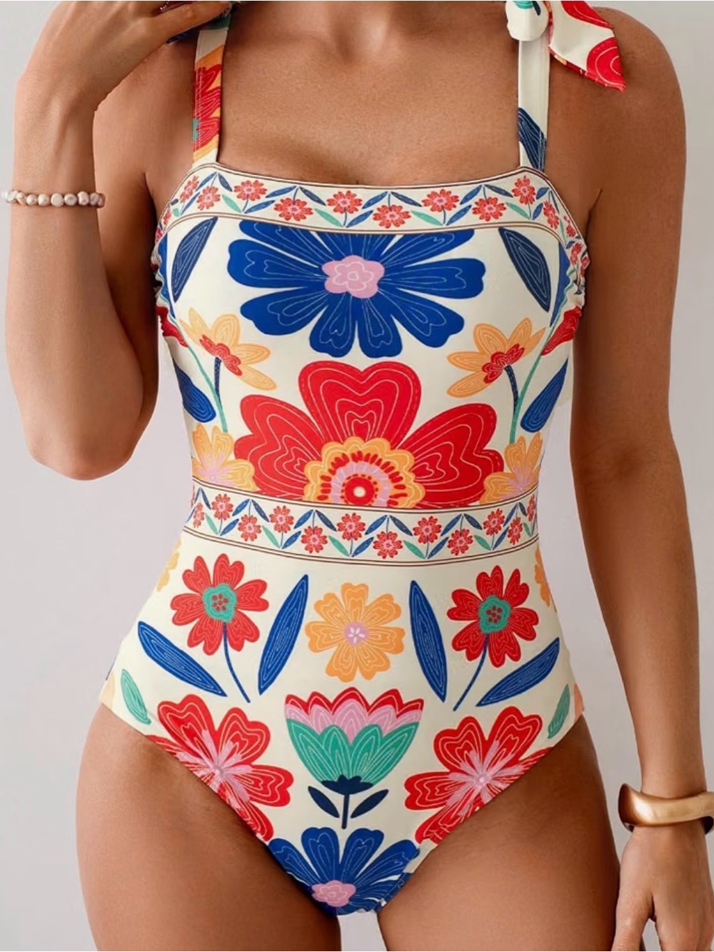 Floral Print Cream One-Piece Swimsuit with Red & Blue Blooms